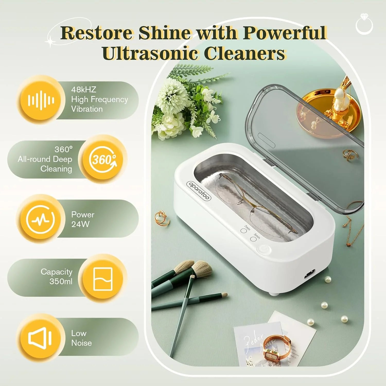 Ultrasonic Jewelry Cleaner, Professional Ultrasonic Cleaning Machine for Jewelry Eyeglasses Watches Rings Dentures Mouth Guards Pacifiers